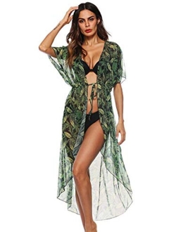 Women's Striped Beach Wear Cover up Longline Kimono Cardigan