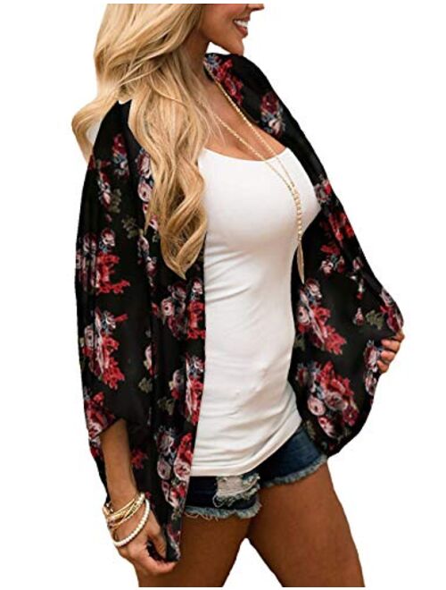 LOOKBOHO Womens Beach Kimono Cardigan Chiffon Floral Print Short Cover up