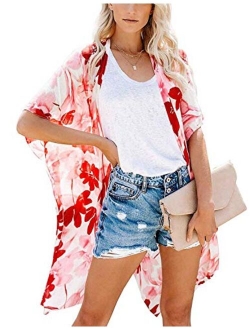 Women's Sheer Chiffon Floral Print Kimono Casual Loose Open Front Cardigan Blouse Tops Cover Up