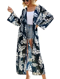 Hibluco Women's Long Sheer Floral Prined Belted Kimono Cardigan Cover up Duster