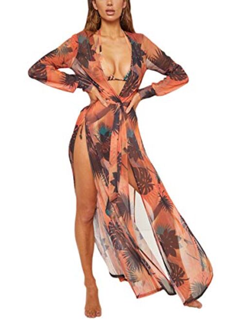 Hibluco Women's Long Sheer Floral Prined Belted Kimono Cardigan Cover up Duster