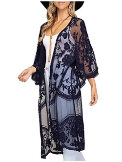 Bsubseach Women Sexy Open Front Beach Cover Up See Through Kimono Cardigan