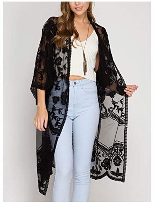 Bsubseach Women Sexy Open Front Beach Cover Up See Through Kimono Cardigan