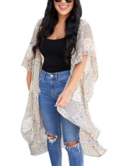 Hibluco Women's Summer Floral Print Kimono Casual Cardigan Fashion Loose Beach Open Cover Ups