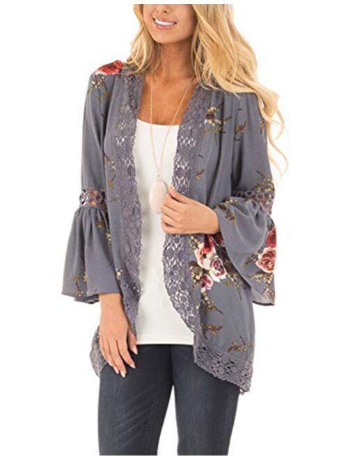 Omoone Women's Batwing Sleeve Floral Chiffon Cardigan Kimono Beachwear Cover Up