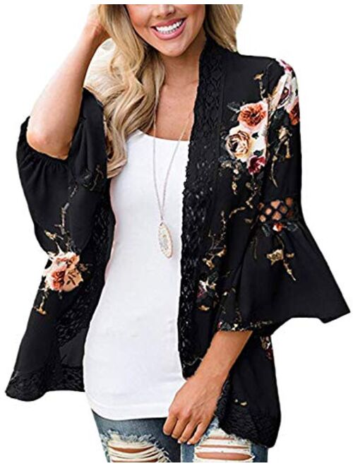 Omoone Women's Batwing Sleeve Floral Chiffon Cardigan Kimono Beachwear Cover Up