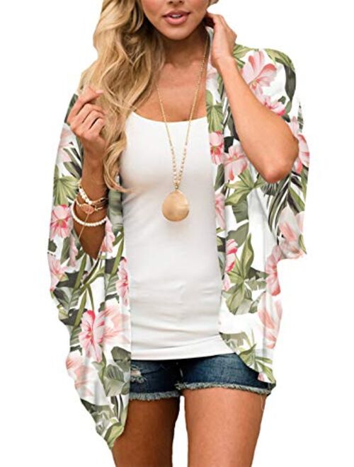 Omoone Women's Batwing Sleeve Floral Chiffon Cardigan Kimono Beachwear Cover Up