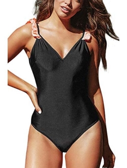 Women's Black with Pink Ruffle V-Neck One-Piece Swimsuit