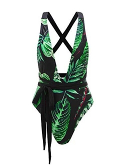 Women's Sexy Bathing Suits Criss Cross Tie Knot Front Deep V Open Back Leopard One Piece Swimwear