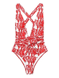 Women's Sexy Bathing Suits Criss Cross Tie Knot Front Deep V Open Back Leopard One Piece Swimwear