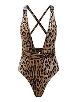 Women's Sexy Bathing Suits Criss Cross Tie Knot Front Deep V Open Back Leopard One Piece Swimwear