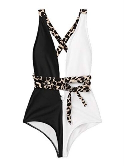 Women's Sexy Bathing Suits Criss Cross Tie Knot Front Deep V Open Back Leopard One Piece Swimwear