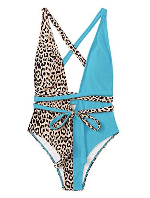 SweatyRocks Women's Sexy Bathing Suits Criss Cross Tie Knot Front Deep V Open Back Leopard One Piece Swimwear