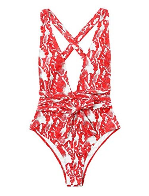 SweatyRocks Women's Sexy Bathing Suits Criss Cross Tie Knot Front Deep V Open Back Leopard One Piece Swimwear