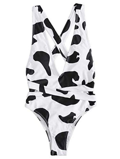 SweatyRocks Women's Sexy Bathing Suits Criss Cross Tie Knot Front Deep V Open Back Leopard One Piece Swimwear