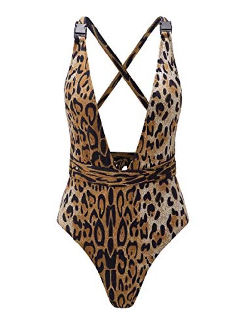 SweatyRocks Women's Sexy Bathing Suits Criss Cross Tie Knot Front Deep V Open Back Leopard One Piece Swimwear