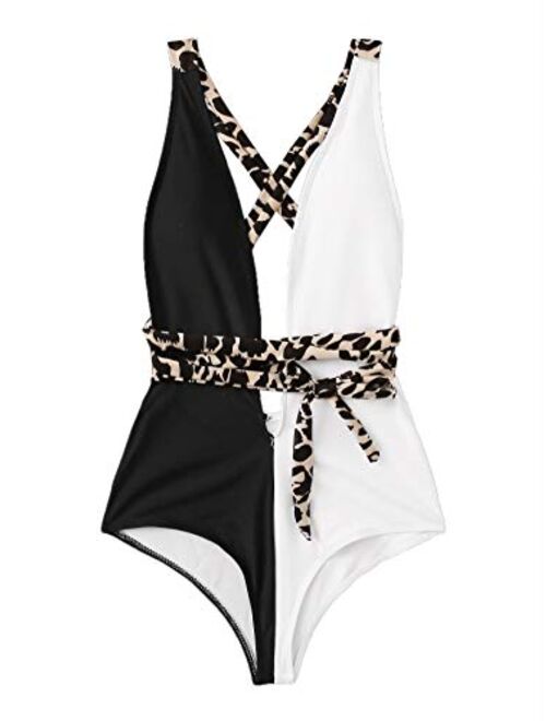 SweatyRocks Women's Sexy Bathing Suits Criss Cross Tie Knot Front Deep V Open Back Leopard One Piece Swimwear