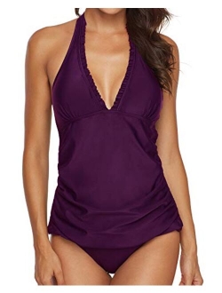 AnnJo Two Piece Swimsuit Sexy V-Neck Ruffle Halter Backless Flyaway Tankini Suit