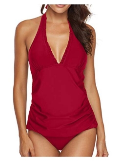 AnnJo Two Piece Swimsuit Sexy V-Neck Ruffle Halter Backless Flyaway Tankini Suit