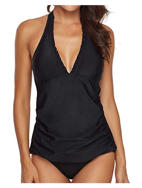 AnnJo Two Piece Swimsuit Sexy V-Neck Ruffle Halter Backless Flyaway Tankini Suit