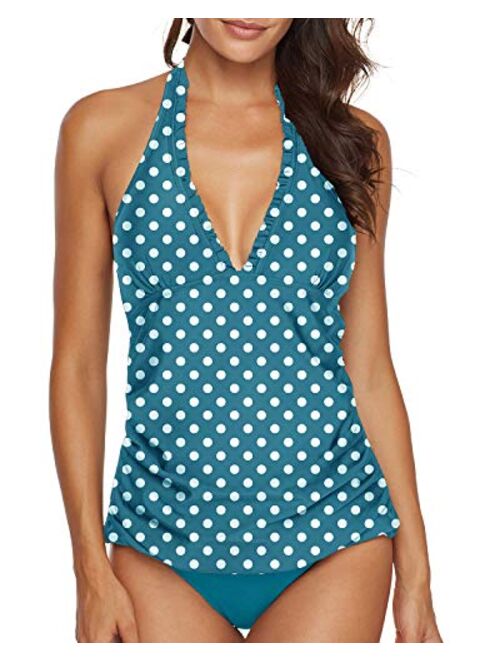 AnnJo Two Piece Swimsuit Sexy V-Neck Ruffle Halter Backless Flyaway Tankini Suit