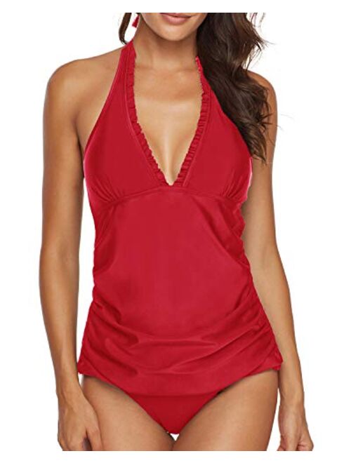 AnnJo Two Piece Swimsuit Sexy V-Neck Ruffle Halter Backless Flyaway Tankini Suit