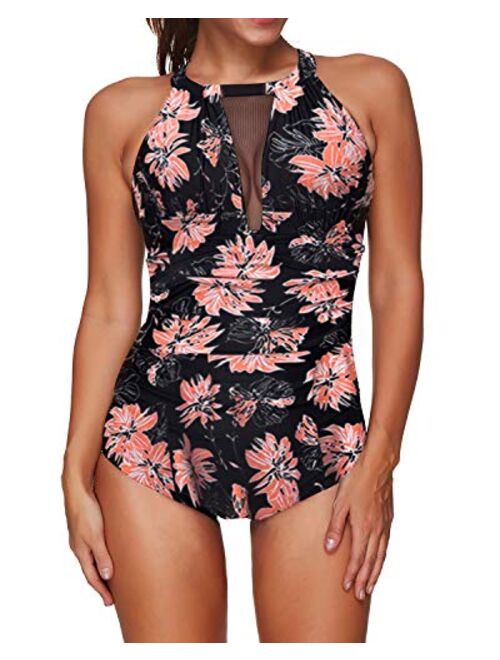 I2CRAZY Womens One Piece Swimsuits Mesh V Neck Monokini Bathing Suits Tummy Control Swimwear