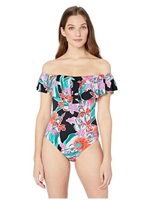 Trina Turk Women's Off Shoulder Ruffle Bandeau One Piece Swimsuit