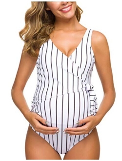 Tempotrek Maternity Swimsuit One Piece ElegantV Neck Pregnancy Swimwear Tie Front High Cut Bathing Suit Monokini