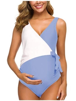 Tempotrek Maternity Swimsuit One Piece ElegantV Neck Pregnancy Swimwear Tie Front High Cut Bathing Suit Monokini