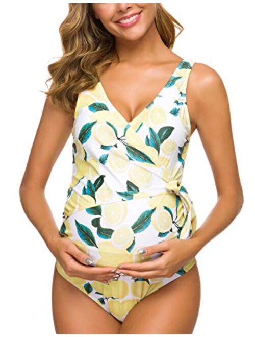 Tempotrek Maternity Swimsuit One Piece ElegantV Neck Pregnancy Swimwear Tie Front High Cut Bathing Suit Monokini