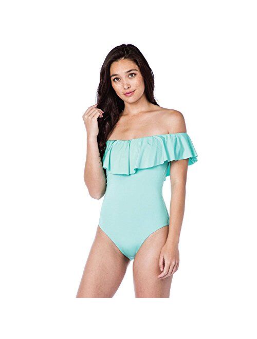 Trina Turk Women's Off Shoulder Ruffle Bandeau One Piece Swimsuit