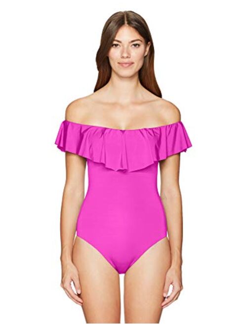 Trina Turk Women's Off Shoulder Ruffle Bandeau One Piece Swimsuit