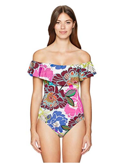 Trina Turk Women's Off Shoulder Ruffle Bandeau One Piece Swimsuit