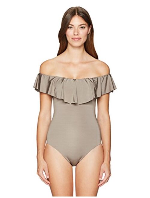 Trina Turk Women's Off Shoulder Ruffle Bandeau One Piece Swimsuit