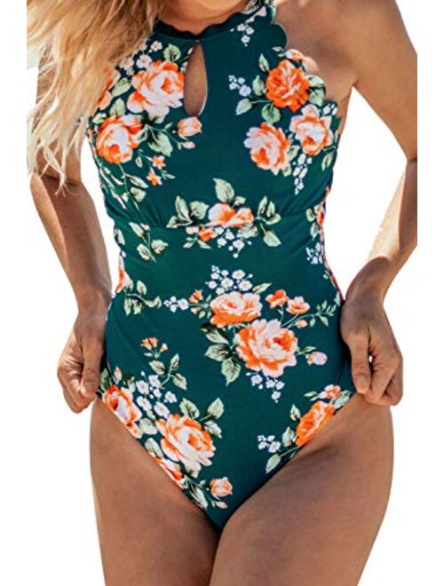 CUPSHE Women's Teal Floral Scalloped One Piece Swimsuit Padded Bikini