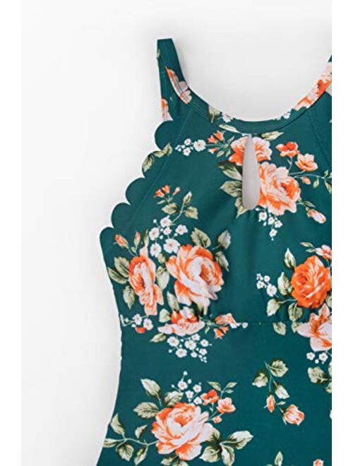 CUPSHE Women's Teal Floral Scalloped One Piece Swimsuit Padded Bikini