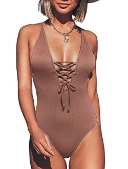 Women's Solid Color V Neck Lace Up One Piece Swimsuit