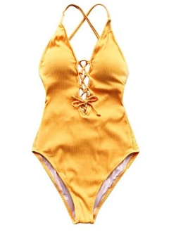 Women's Solid Color V Neck Lace Up One Piece Swimsuit