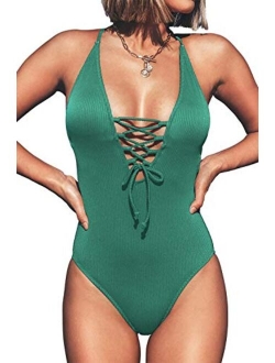 Women's Solid Color V Neck Lace Up One Piece Swimsuit