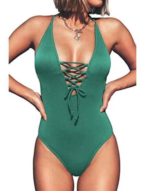 CUPSHE Women's Solid Color V Neck Lace Up One Piece Swimsuit