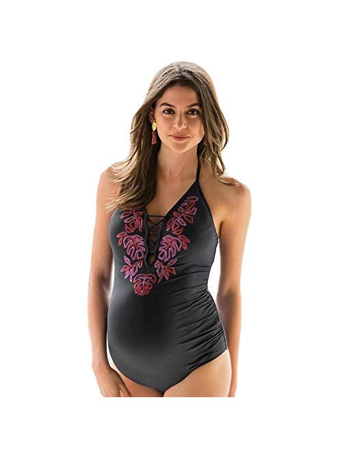 zenicham Women's Maternity One Piece Halter Ruched Swimsuit Bathing Suit