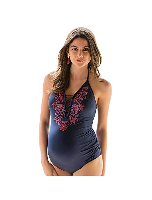 zenicham Women's Maternity One Piece Halter Ruched Swimsuit Bathing Suit