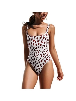 MOLFROA Womens Low Cut Square Neck Snake Leopard Printed Monokini Swimwear One Piece Swimsuits