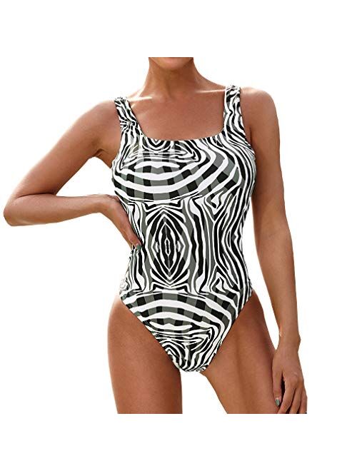 MOLFROA Womens Low Cut Square Neck Snake Leopard Printed Monokini Swimwear One Piece Swimsuits