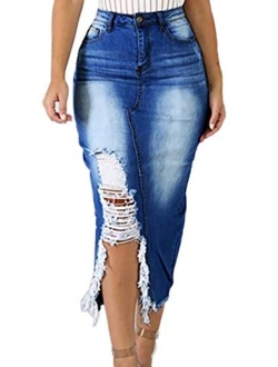 Voghtic Casual Blue Distressed Ripped Denim Jean Midi Bodycon Skirt Plus Size Pocketed