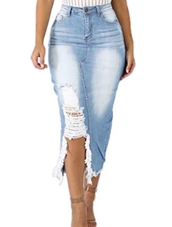 Voghtic Casual Blue Distressed Ripped Denim Jean Midi Bodycon Skirt Plus Size Pocketed