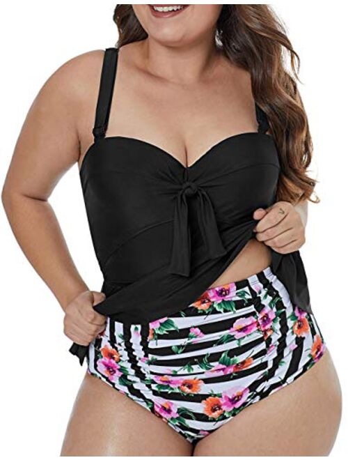 CILKOO Womens Plus Size Halter Neck Peplum Tankini Two Piece Bathing Suit Swimwear Swimsuit(M-5XL)