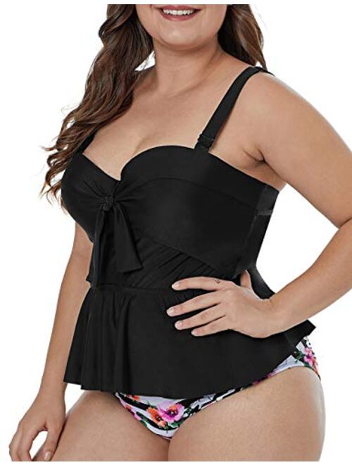 CILKOO Womens Plus Size Halter Neck Peplum Tankini Two Piece Bathing Suit Swimwear Swimsuit(M-5XL)