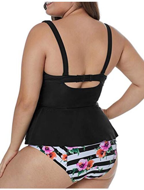 CILKOO Womens Plus Size Halter Neck Peplum Tankini Two Piece Bathing Suit Swimwear Swimsuit(M-5XL)